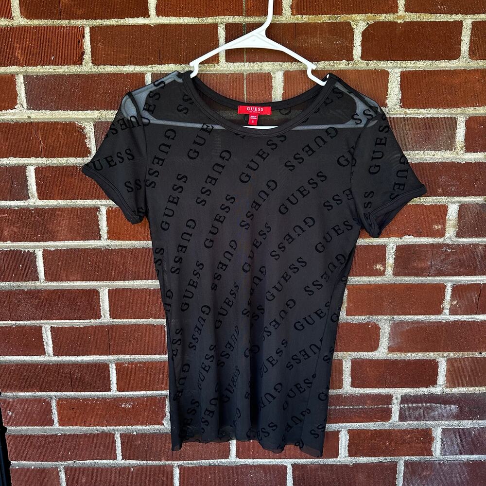Y2K Guess Black Sheer Mesh Monogram Logo Baby Tee Top Small